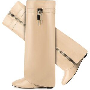 Women's Beige Pointy- Pull Fold Over Wedge Knee Side Zipper Padlock Boot Heel